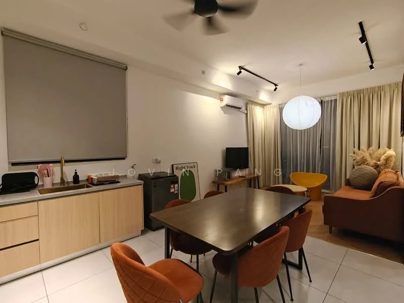 Dining features: dining table with 6 chairs, pendant light, wooden flooring, floor-to-ceiling windows, curtains, wall-mounted TV, air conditioning unit, kitchenette with wooden cabinetry, stainless-steel sink, microwave, toaster, kettle; style: modern.