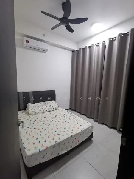 Bedroom features: queen-size bed with patterned bedding, 2 bedside lamps, wall-mounted split AC, 5-blade ceiling fan, grey curtains, white painted walls, tile flooring, recessed ceiling lights; style: modern.