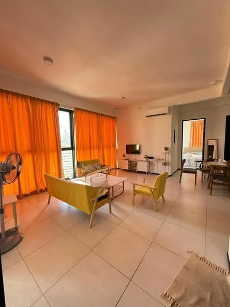 Living features: orange sheer curtains, floor-to-ceiling windows, light-colored walls, tile flooring, 3-seater yellow sofa, wooden coffee table, TV console, wall-mounted TV, ceiling-mounted air conditioning unit, ceiling light fixture, fan, decorative plant on table; style: modern.