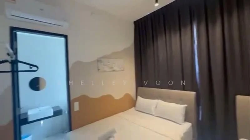 Bedroom features: queen-size bed, upholstered headboard, bedside lamps, dark curtains, light-colored wall with abstract design, air conditioning unit, wall-mounted mirror, wooden flooring; style: modern. Bathroom features: single-sink vanity with white cabinet, mirror above sink, white tiled walls, light fixture, toilet, shower area; style: modern.
