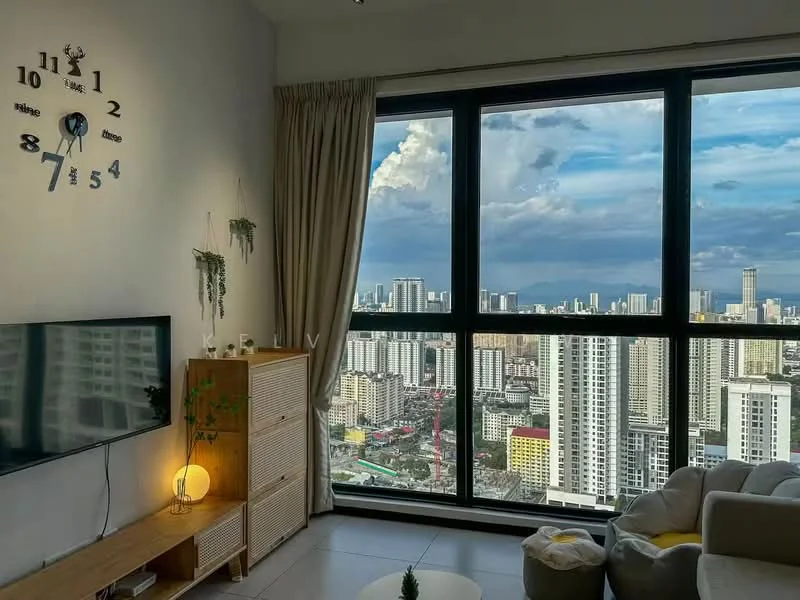 Living features: large floor-to-ceiling windows, city skyline view, light-colored walls, neutral-colored sofa, wooden TV console, wall-mounted TV, decorative wall clock, curtains, laminate flooring, indirect lighting, decorative plants; style: modern; view: city.