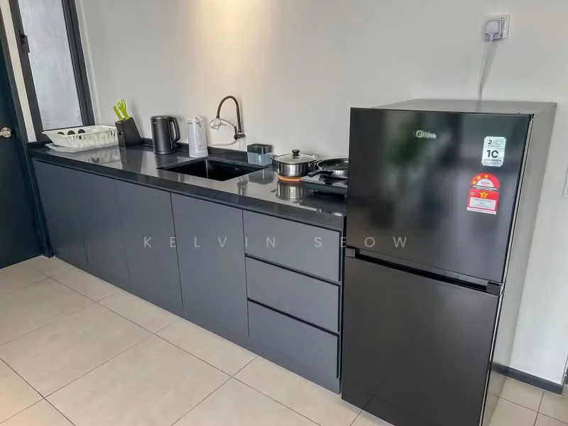 Kitchen features: black cabinetry, black granite countertop, single-bowl stainless-steel sink, chrome pull-down faucet, built-in stove, black refrigerator, kitchen utensils, dish rack, ceramic tile flooring, wall-mounted electrical outlet, window with sheer curtains; style: modern.