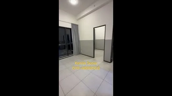Room features: grey painted walls, white painted walls, tile flooring, floor-to-ceiling windows, sliding glass door, curtains, door frame, recessed ceiling lights; style: modern.