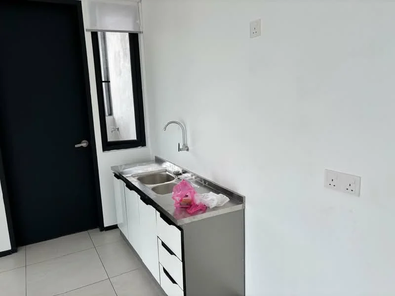 Kitchen features: white cabinetry, stainless-steel countertop, double-bowl stainless-steel sink, chrome pull-down faucet, tile flooring, black door, window with black frame, wall-mounted electrical outlets; style: modern.