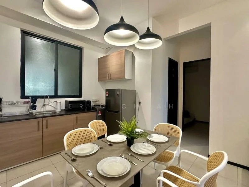 Kitchen features: brown wooden cabinetry, black countertop, stainless-steel fridge, stainless-steel sink, chrome pull-down faucet, 4-burner gas hob, microwave, pendant lighting, dining table with 4 chairs, white walls, tile flooring, window with black frame; style: modern. Dining features: dining table with 4 white chairs, decorative plant on table; style: modern.