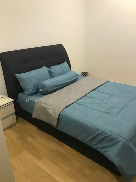 Bedroom features: king-size bed with upholstered headboard, blue bedding set, two decorative pillows, nightstand with drawer, laminate flooring, white painted walls, window with natural light, decorative vase on nightstand; style: modern.