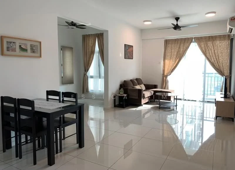 Living features: 3-seater fabric sofa in brown, coffee table, TV console, wall-mounted TV, area rug, floor-to-ceiling windows, sheer curtains, 5-blade ceiling fan with light, white painted walls, polished tile flooring, decorative artwork on wall; style: modern; view: city. Dining features: 4-seater dining table with marble top, black dining chairs, white painted walls, polished tile flooring; style: modern.