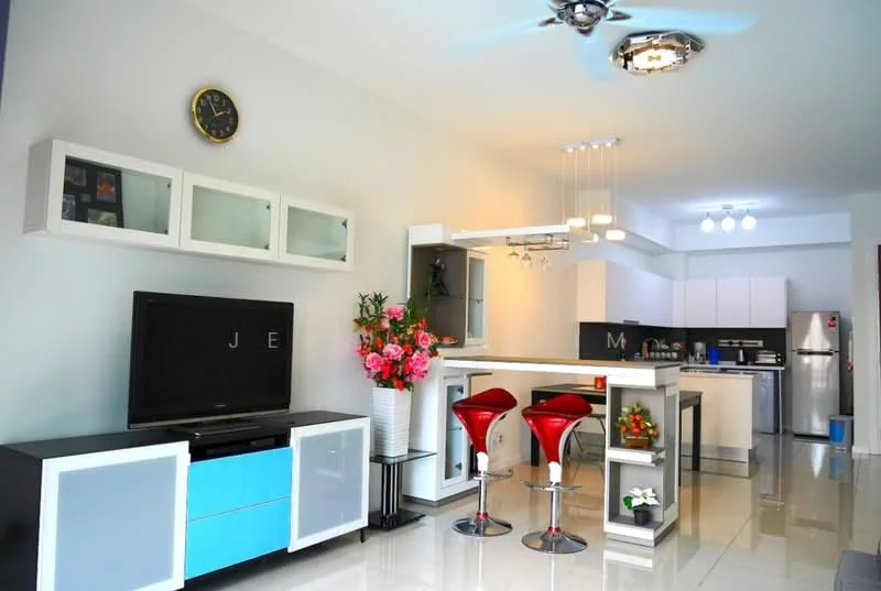 Living features: white painted walls, glossy tile flooring, 5-blade ceiling fan with integrated LED light, wall-mounted TV, black TV console with blue accents, red bar stools, kitchen island with breakfast bar, decorative flower arrangement, clock on wall, open layout to kitchen, recessed lighting; style: modern. Kitchen features: white cabinetry, stainless-steel fridge, built-in oven, countertop with bar seating, kitchen island, ceramic tile backsplash, sink with faucet; style: modern.