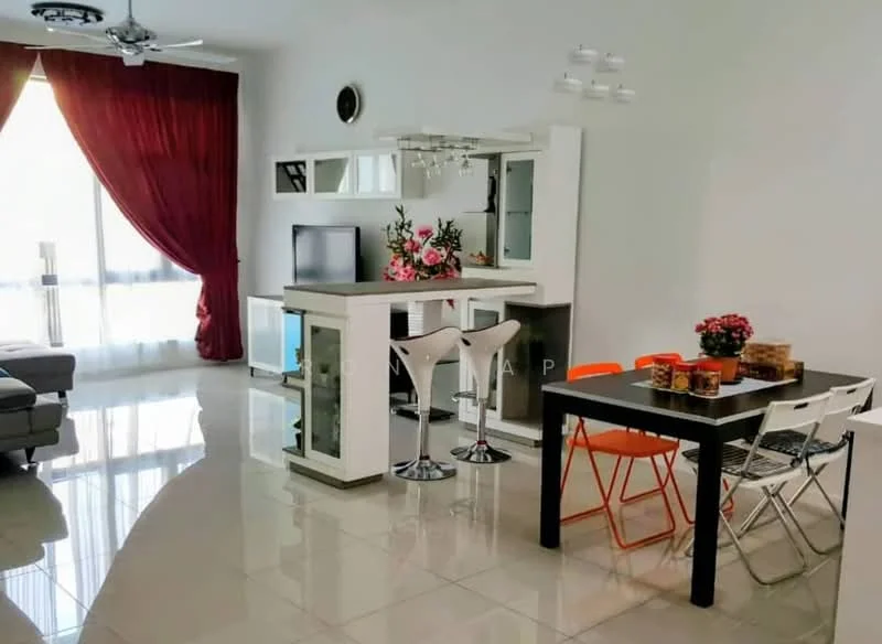 Living features: grey fabric sofa, white coffee table, TV console, floor-to-ceiling windows, red curtains, white walls, recessed downlights, bar counter with stools, decorative flowers, dining table with orange chairs, white dining chairs, ceramic tile flooring; style: modern; view: city.