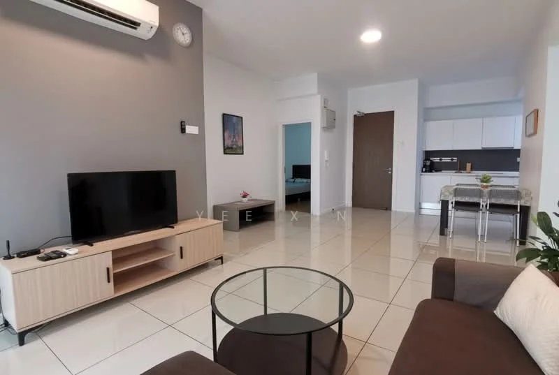 Living features: wall-mounted TV, coffee table with glass top, 3-seater fabric sofa in brown, white painted walls, grey accent wall, tile flooring, air conditioning unit, recessed ceiling lights, clock on wall, open layout to kitchen, decorative plant; style: modern. Room features: kitchen area visible, dining table with chairs, open-plan layout.