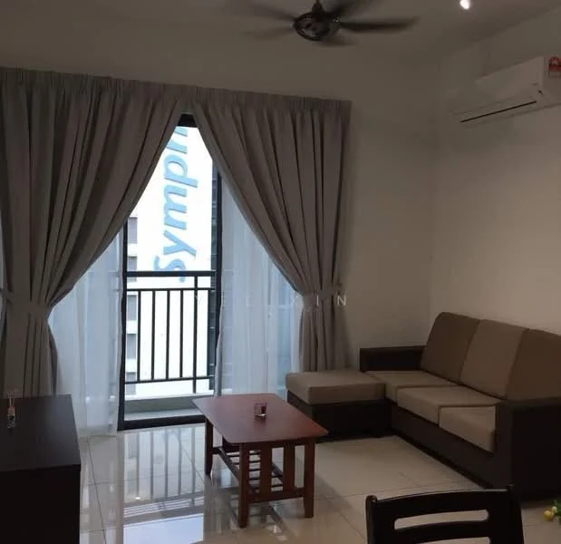 Living features: 3-seater fabric sofa in beige, wooden coffee table, floor-to-ceiling windows, sheer curtains, dropped ceiling, ceiling fan, wall-mounted split AC, white painted walls, glossy tile flooring; style: modern; view: city.