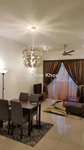 Living features: 3-seater fabric sofa in beige, wood coffee table, TV console, wall-mounted TV, dining table with 4 chairs, area rug with geometric pattern, floor-to-ceiling windows, sheer curtains, blackout curtains, 5-blade ceiling fan, pendant light, laminate flooring, cream painted walls; style: modern.