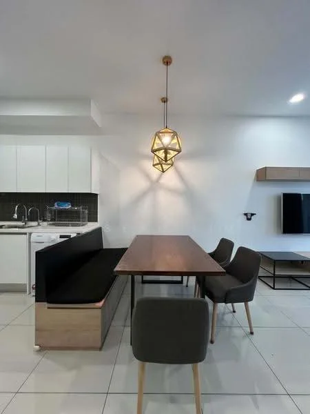 Dining features: rectangular wooden dining table, 4 upholstered dining chairs in grey, built-in bench seating with storage, pendant light fixture with geometric design, white painted walls, glossy white tile flooring, black accent wall behind dining area, open layout to kitchen, kitchen counter with sink visible, wall-mounted TV unit; style: modern. Kitchen features: white cabinetry, stainless-steel sink, built-in kitchen appliances, black backsplash tiles; style: modern.