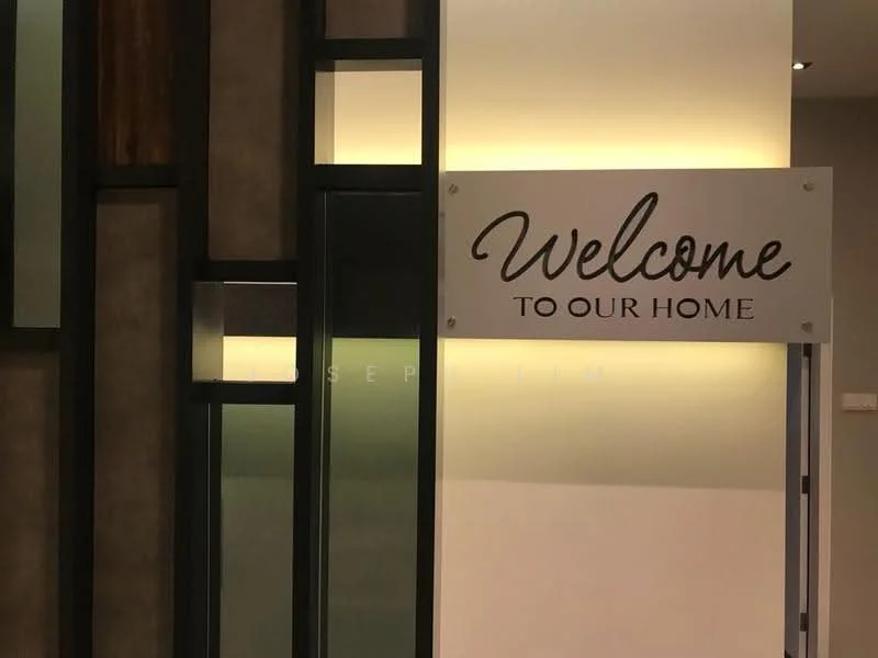 Room features: decorative wall sign with text 'Welcome to Our Home', glass panels, textured wall surface, neutral color scheme, modern design elements, ambient lighting; style: modern.
