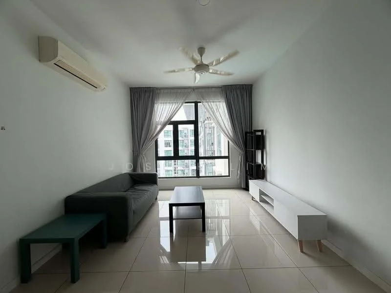 Living features: 3-seater fabric sofa in grey, coffee table, TV console, wall-mounted TV, floor-to-ceiling windows, sheer curtains, 5-blade ceiling fan with light, white painted walls, glossy tile flooring, air conditioning unit; style: modern; view: city.