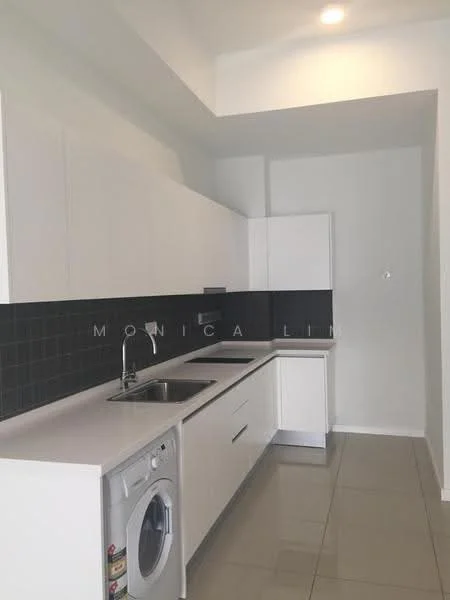 Kitchen features: white cabinetry, black tiled backsplash, stainless-steel single-bowl sink, chrome pull-down faucet, built-in washing machine, white countertop, grey ceramic tile flooring, recessed downlights; style: modern.