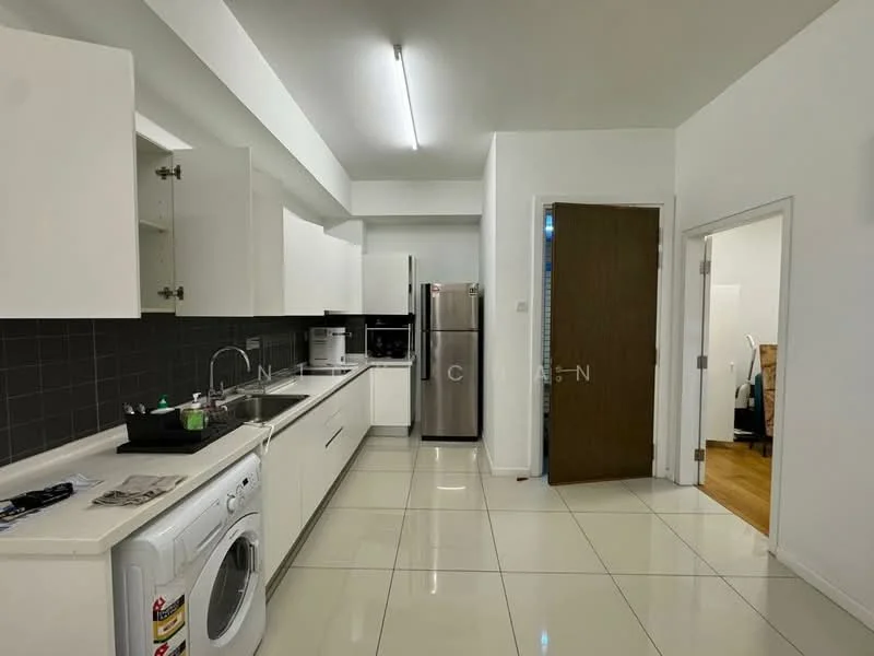 Kitchen features: white cabinetry, black tile backsplash, stainless-steel fridge, built-in oven, freestanding washing machine, single-bowl stainless-steel sink, chrome pull-down faucet, ceramic tile flooring, fluorescent ceiling light, countertop space, open layout, doorway to living area; style: modern.