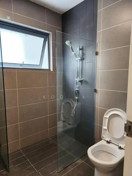 Bathroom features: walk-in shower with glass enclosure, rain shower head, handheld shower, toilet, grey tile cladding on walls, dark accent wall, slate tile flooring, window for natural light; style: modern.
