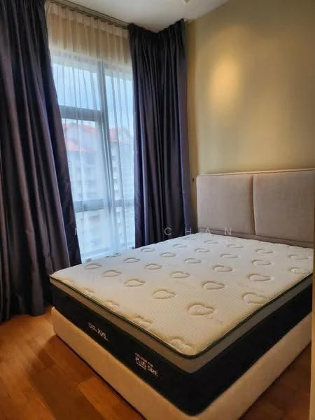 Bedroom features: queen-size bed, upholstered headboard, floor-to-ceiling windows, sheer curtains, dark curtains, wooden flooring, decorative wall, light-colored walls; style: modern; view: city.