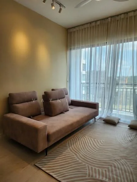 Living features: 3-seater fabric sofa in beige, floor-to-ceiling windows, sheer curtains, light wood flooring, recessed downlights, area rug with abstract pattern, decorative cushions, balcony view; style: modern; view: city.