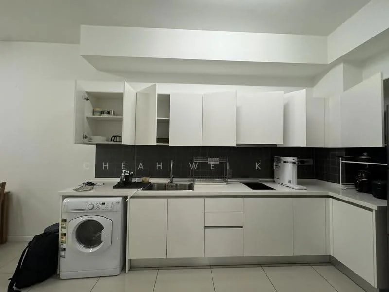 Kitchen features: white cabinetry, black tiled backsplash, single-bowl stainless-steel sink, chrome pull-down faucet, built-in oven, stainless-steel range hood, 4-burner gas hob, front-load washing machine, countertop with storage, open shelving, ceramic tile flooring, recessed downlights; style: modern.