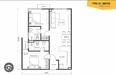 Floor plan: 2-bedroom 1-bathroom unit; features: open-plan kitchen-dining-living, master bedroom with ensuite bathroom, bedroom 2 with shared bathroom, utility room, central foyer, balcony off living room, 1 car porch.