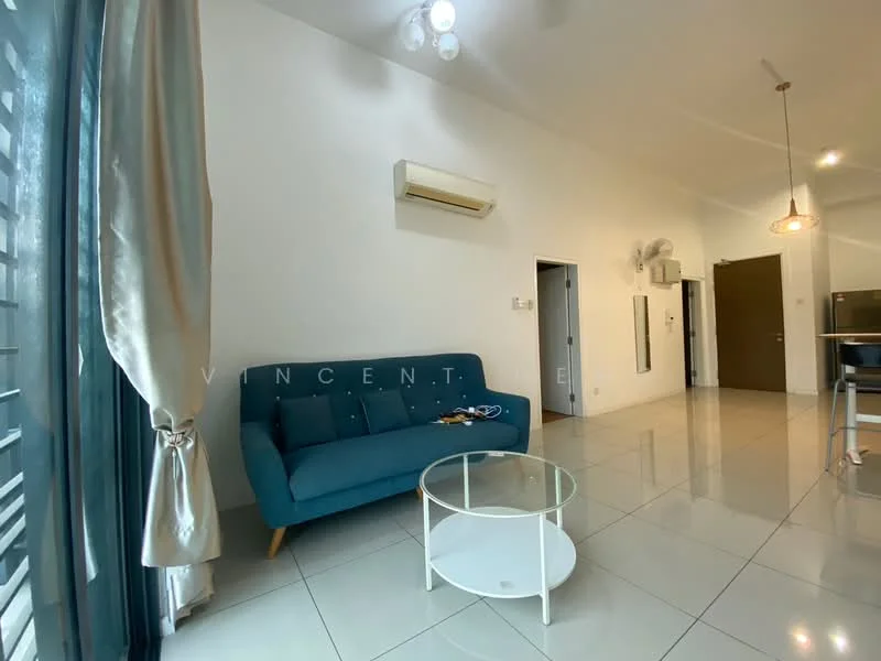 Living features: 3-seater fabric sofa in teal, glass coffee table, wall-mounted split AC, recessed downlights, white painted walls, glossy tile flooring, curtains, open layout to kitchen, doorway leading to other rooms; style: modern.