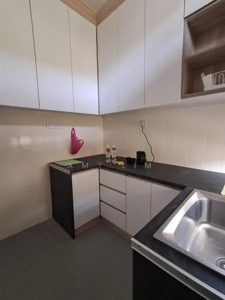 Kitchen features: white upper cabinets, dark lower cabinets, black countertop, stainless-steel sink, single-bowl stainless-steel sink, chrome faucet, tile backsplash, grey tile flooring, built-in storage, kitchen utensils on countertop, wall-mounted electrical outlet; style: modern.