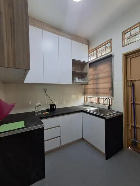 Kitchen features: white shaker cabinets, black countertop, single-bowl stainless-steel sink, chrome pull-down faucet, built-in shelving, window with blinds, grey tile flooring, kettle, water bottle, cleaning supplies, green dish towel; style: modern.