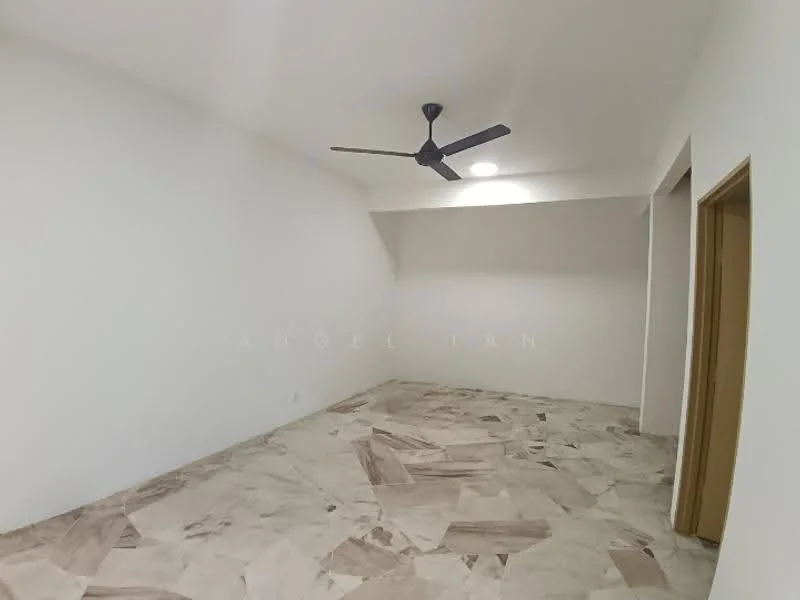 Room features: white painted walls, marble tile flooring, 5-blade ceiling fan, recessed downlights.