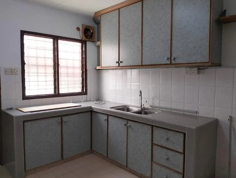 Kitchen features: L-shaped countertop, grey laminate countertop, double-bowl stainless-steel sink, chrome faucet, upper cabinets with grey laminate finish, lower cabinets with grey laminate finish, white tiled backsplash, white tiled flooring, window with grid pattern, exhaust fan, built-in stove area.