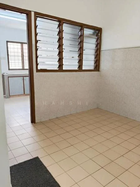 Room features: tiled flooring, white walls, wooden window frames, louvered windows, light-colored wall tiles, neutral color scheme, corner space, doorway leading to another room; style: minimalist.