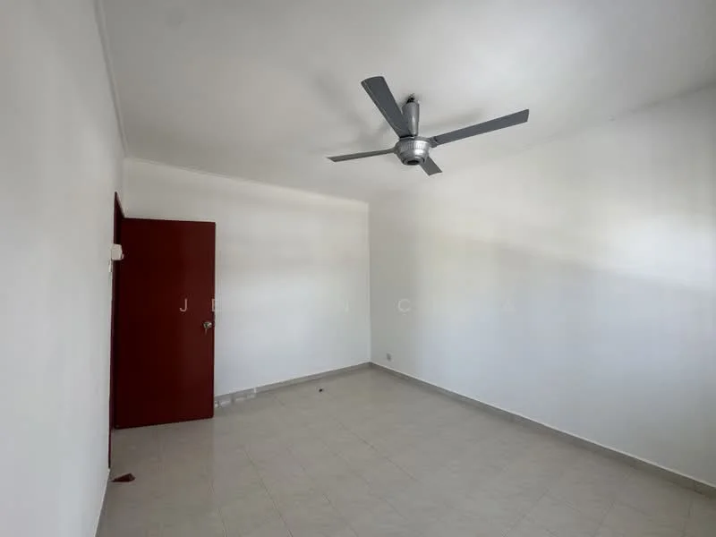 Room features: white painted walls, ceiling fan, light-colored tile flooring, single red door, no visible furniture, empty space; style: minimalist.