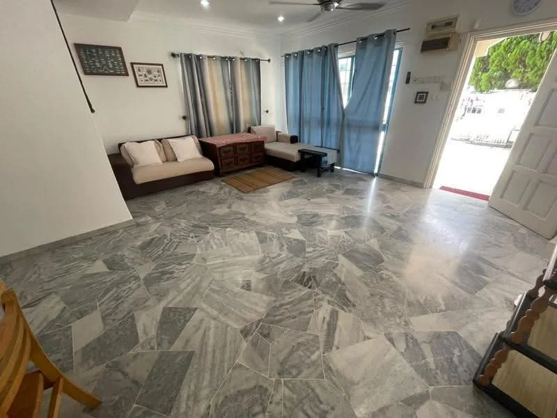 Living features: marble tile flooring, white painted walls, ceiling fan, sofa with beige upholstery, wooden coffee table, area rug, floor-to-ceiling windows with sheer curtains, wooden side table; style: modern.