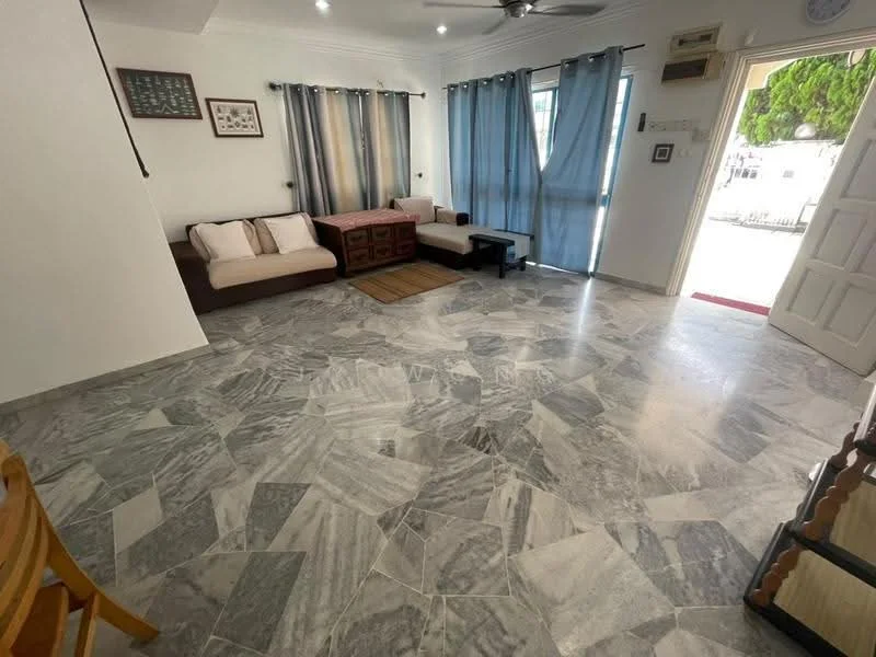 Living features: marble flooring, white painted walls, ceiling fan, sofa with beige upholstery, wooden coffee table, area rug, floor-to-ceiling windows with sheer curtains, wooden side table; style: modern.