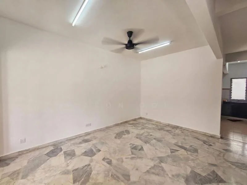 Room features: white painted walls, marble flooring, ceiling fan, LED strip lighting, open layout.