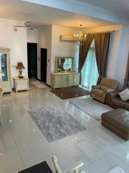 Living features: cream painted walls, white ceiling with chandelier, 5-blade ceiling fan with light, large floor-to-ceiling windows with sheer curtains, light brown leather sofa, beige armchair, area rug with geometric pattern, glass display cabinet, wooden console table, recessed lighting, marble tile flooring; style: modern.
