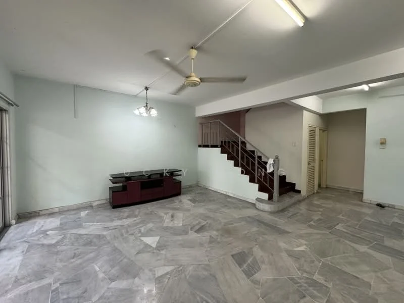 Living features: marble flooring, white painted walls, ceiling fan, chandelier, staircase with railing, sliding glass door, built-in cabinet, natural light from windows.