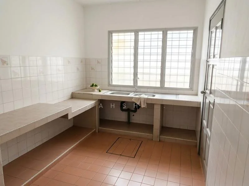 Kitchen features: single-bowl stainless-steel sink, chrome pull-down faucet, white tiled walls, light brown tiled flooring, countertop with integrated storage, window with grid pattern, built-in cabinetry, open layout.