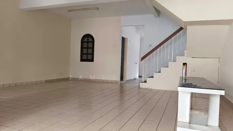 Room features: white painted walls, tile flooring, staircase with wooden handrail, arched window, open space layout, neutral color scheme, no visible furniture, ceiling light fixture; style: modern.