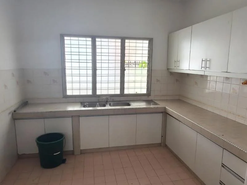 Kitchen features: white cabinetry, granite countertop, single-bowl stainless-steel sink, chrome faucet, tile backsplash, window with grid pattern, light-colored tile flooring, built-in cabinets, counter space, green trash bin.