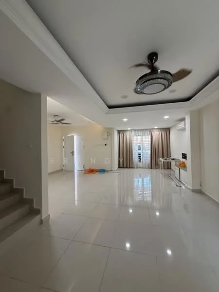 Living features: white painted walls, polished ceramic tile flooring, tray ceiling with recessed lighting, 5-blade ceiling fan with light, large windows with sheer curtains, sliding glass door, wall-mounted TV, air conditioning unit, decorative ceiling rose, neutral color scheme, open layout, space for furniture arrangement; style: modern. Room features: staircase leading to upper floor, additional ceiling fan, empty space for potential furniture.
