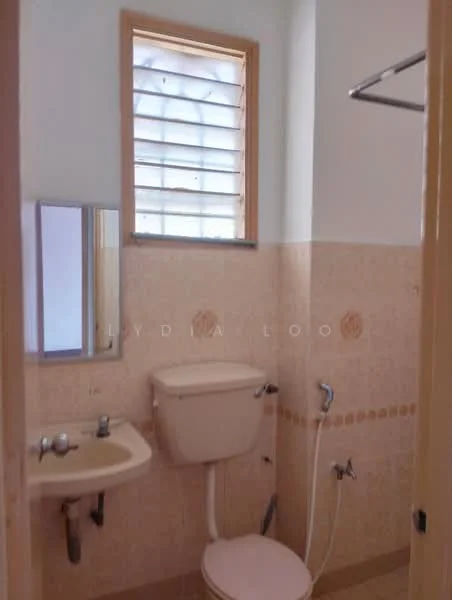 Bathroom features: white tiled walls, cream tiled flooring, single-sink vanity with mirror, toilet, shower with handheld showerhead, window with horizontal slats, chrome faucet, towel rack.