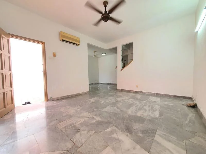 Living features: marble flooring, white painted walls, ceiling fan, wall-mounted air conditioning unit, staircase leading to upper level, natural light from door, light fixture in ceiling, open layout; style: modern.