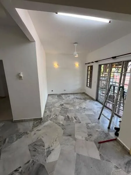 Living features: white painted walls, marble tile flooring, ceiling fan, recessed LED downlights, large windows with metal grills, sliding glass door, wooden window treatments, decorative wall sconces; style: modern; view: garden.