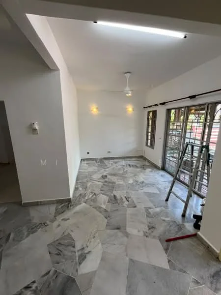 Living features: marble tile flooring, white painted walls, recessed downlights, 5-blade ceiling fan, sliding glass door, metal window grilles, natural light from windows, decorative wall sconces; style: modern; view: garden.
