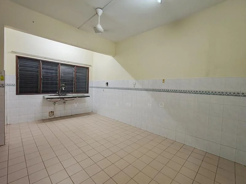 Kitchen features: single-bowl stainless-steel sink, chrome pull-down faucet, white tiled walls, light beige tiled flooring, ceiling fan, window with black grilles, countertop space, wall-mounted electrical outlets.