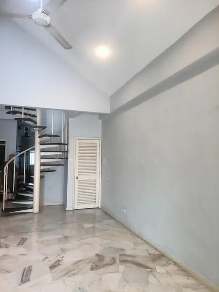 Room features: spiral staircase, marble flooring, white painted walls, recessed ceiling lights, ceiling fan, built-in wardrobe with louvered doors, large windows for natural light; style: modern.