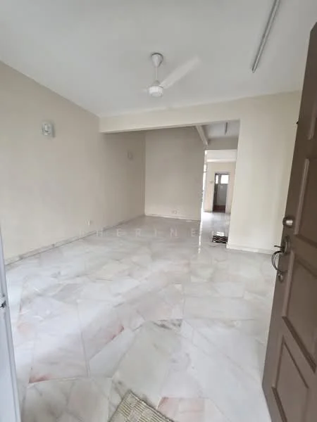 Room features: marble flooring, white painted walls, ceiling fan, recessed ceiling, natural light from windows, doorway leading to another room, light fixture on ceiling; style: minimalist.