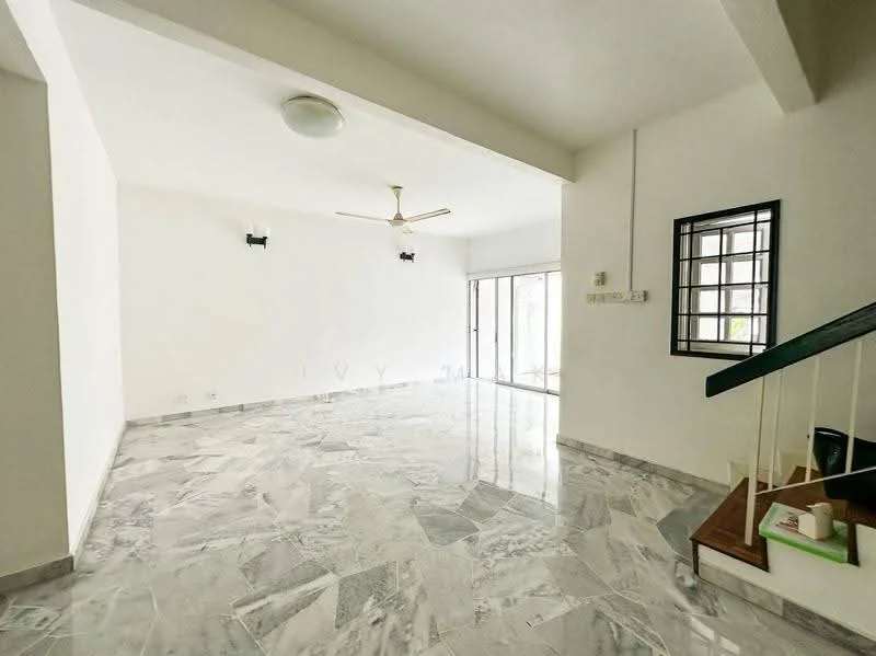 Living features: white painted walls, marble tile flooring, 5-blade ceiling fan, sliding glass door, floor-to-ceiling windows, natural light, staircase, recessed downlights; style: modern; view: garden.